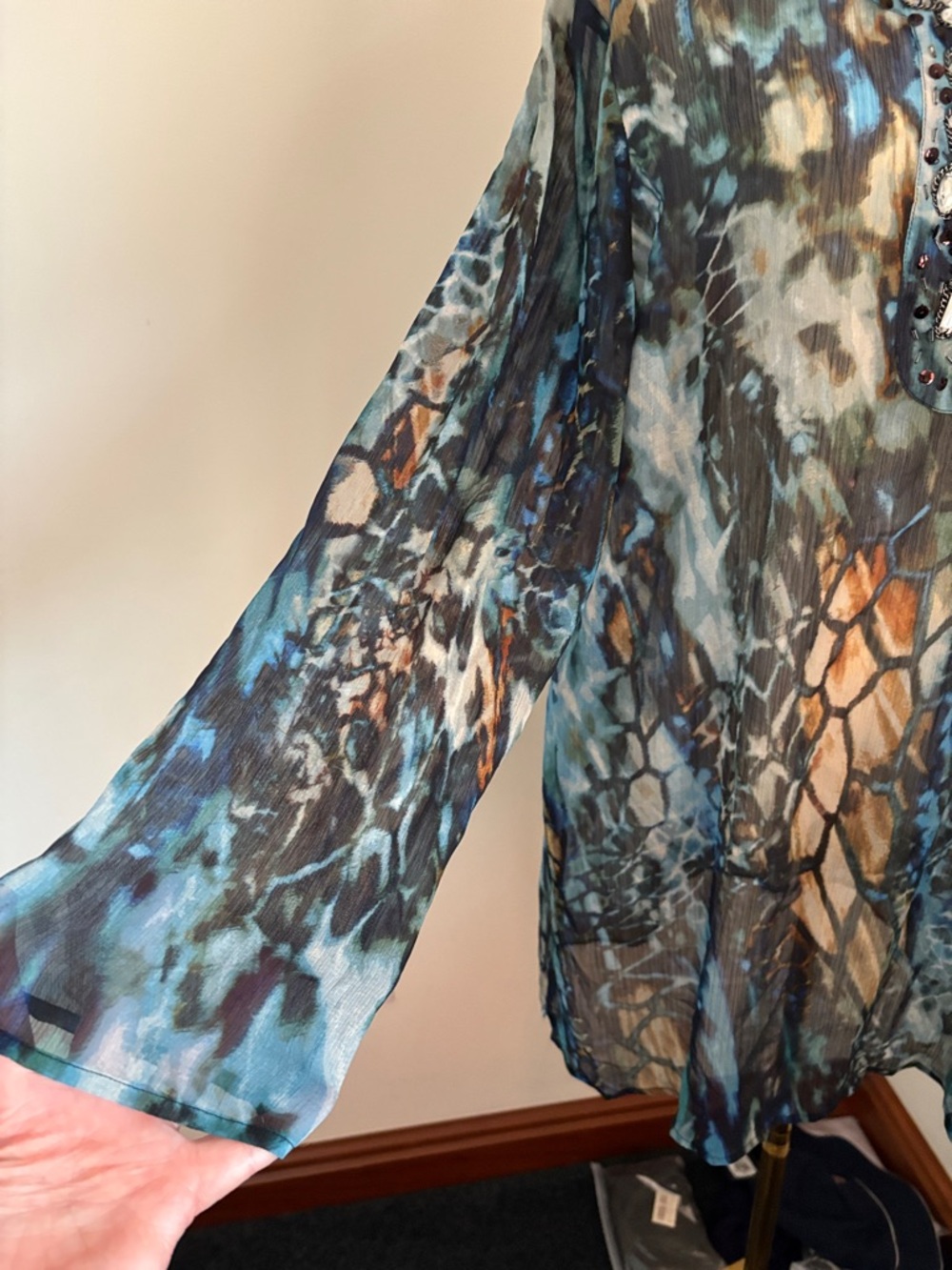 Chico's Blue Teal Black Abstract Beaded Sheer Tunic - Picture 6 of 6